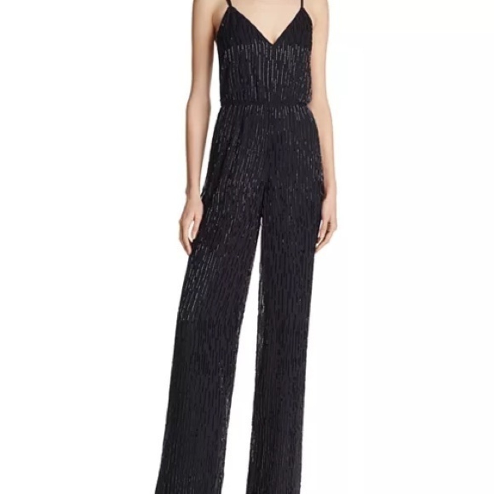 Alice + Olivia Porsha Black Beaded Jumpsuit Evening Wear